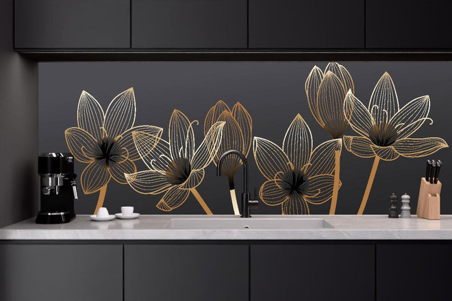 Küchenrückwand - Abstrakte Blumen Gold Schwarz Design