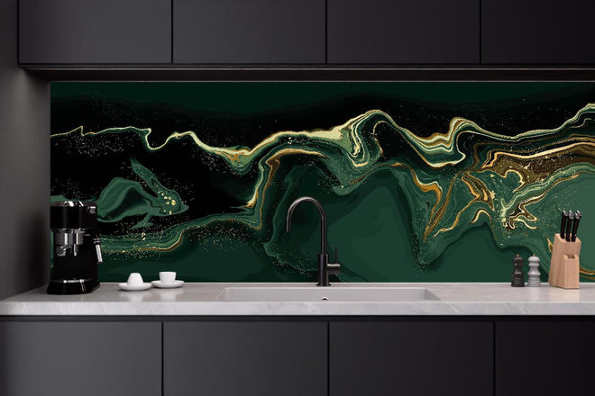 Küchenrückwand - Abstrakte Kunst Leinwand in Grün mit Goldakzenten