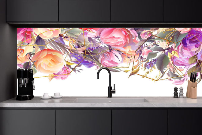 Küchenrückwand - Abstrakte Kunst mit bunten Blumen und Geometrie