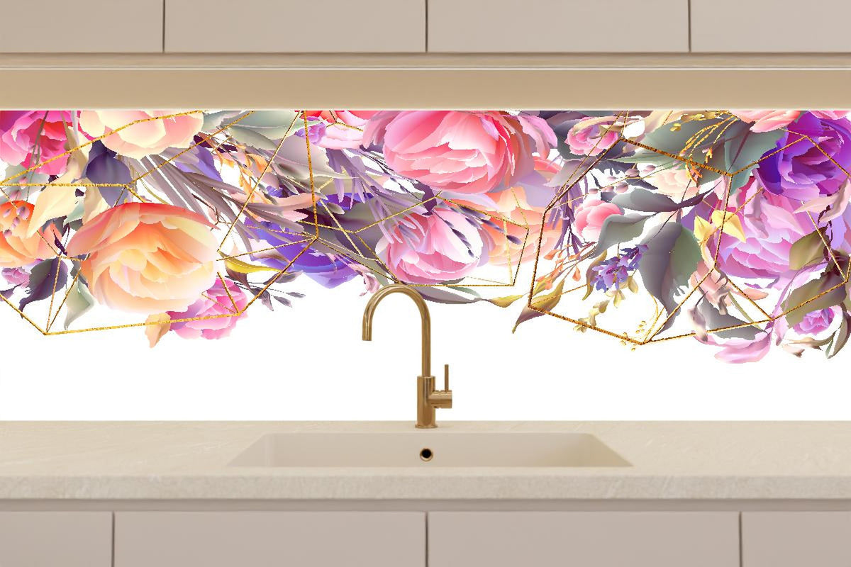 Küchenrückwand - Abstrakte Kunst mit bunten Blumen und Geometrie