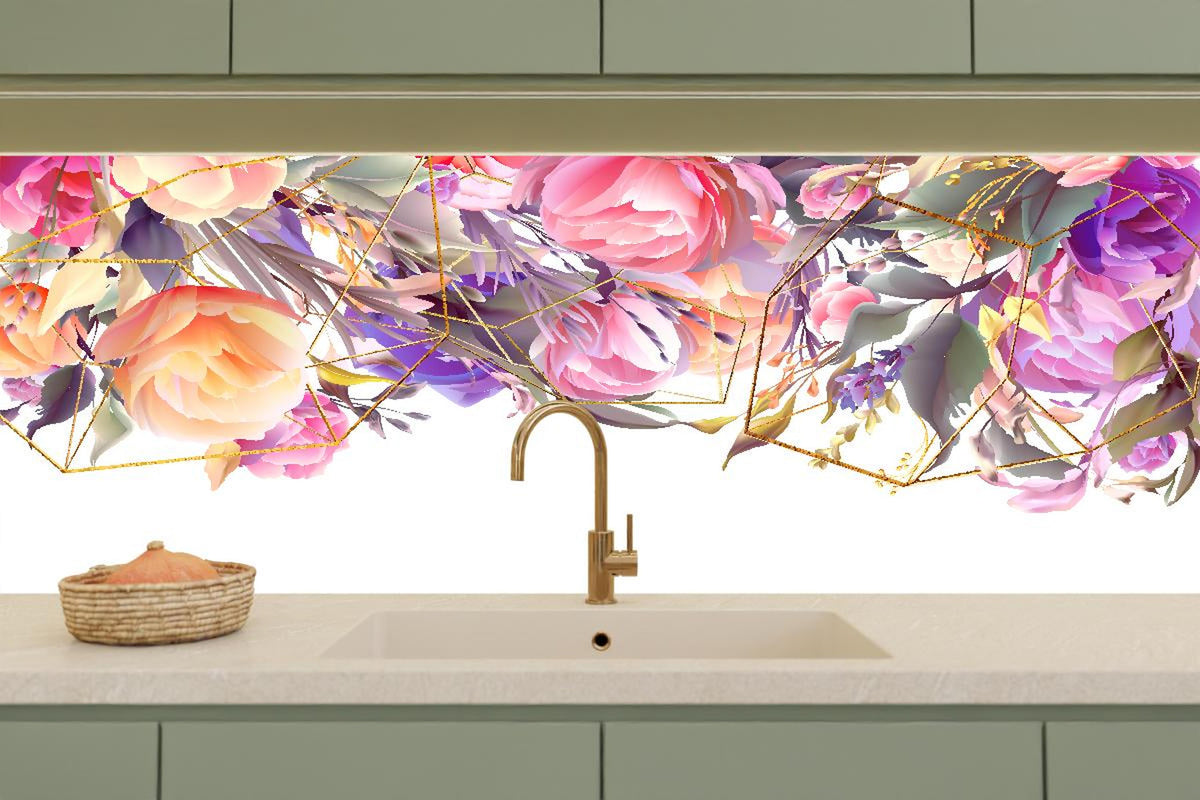 Küchenrückwand - Abstrakte Kunst mit bunten Blumen und Geometrie