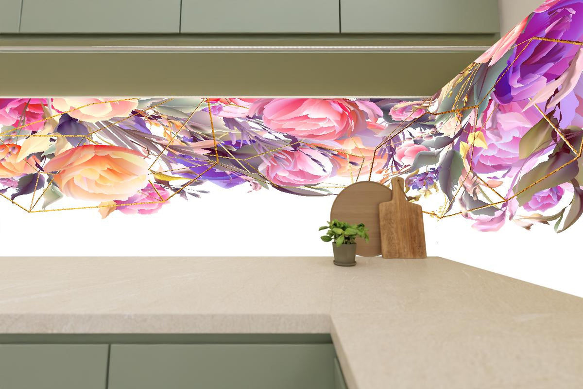Küchenrückwand - Abstrakte Kunst mit bunten Blumen und Geometrie