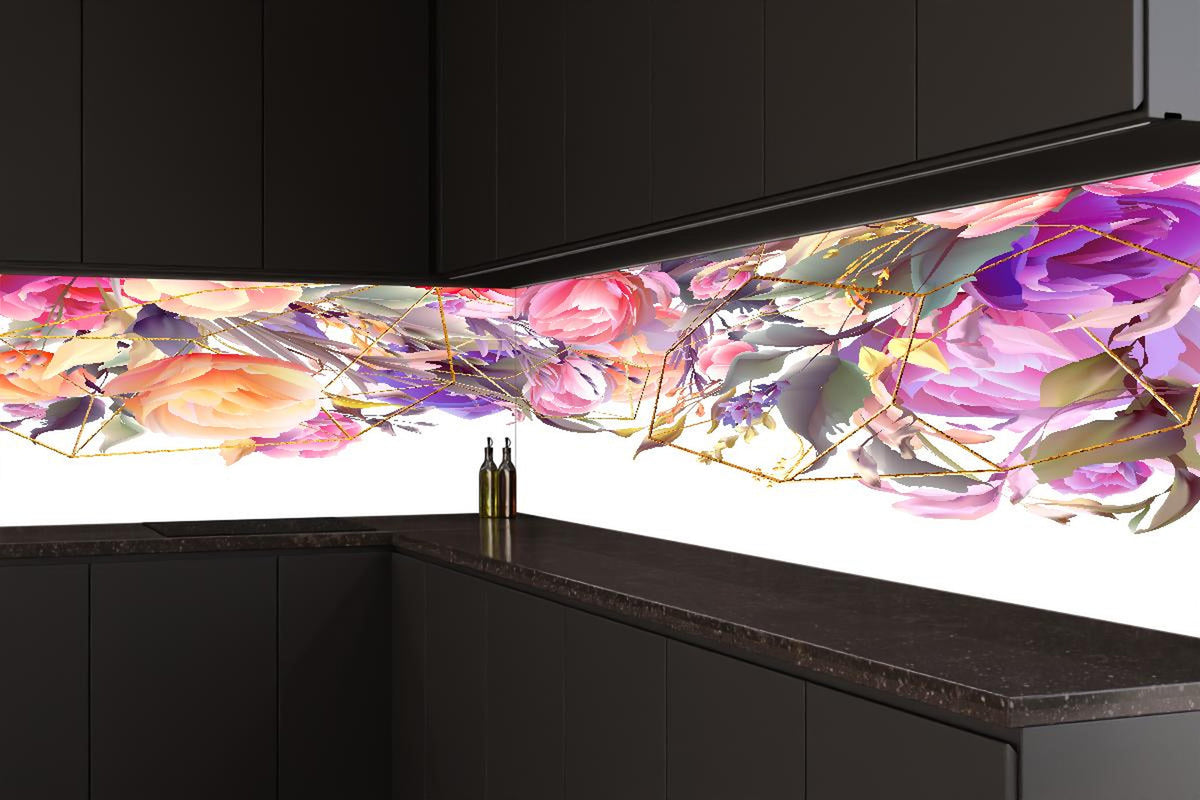 Küchenrückwand - Abstrakte Kunst mit bunten Blumen und Geometrie