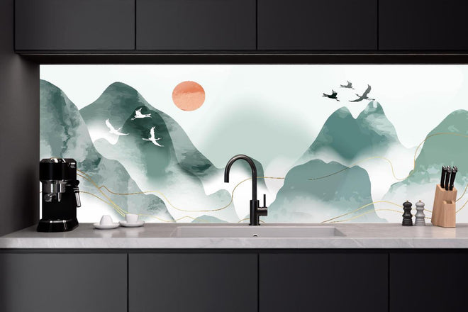 Küchenrückwand - Abstrakte Pastell Berglandschaft mit Sonne