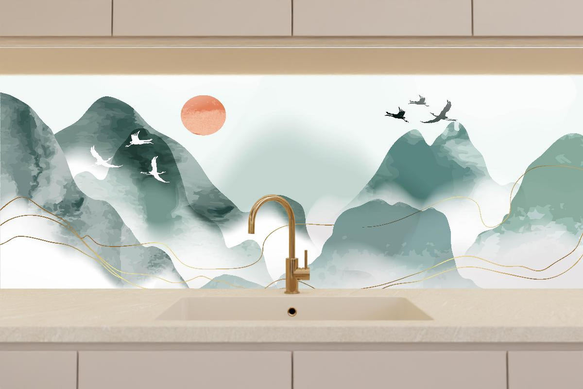 Küchenrückwand - Abstrakte Pastell Berglandschaft mit Sonne