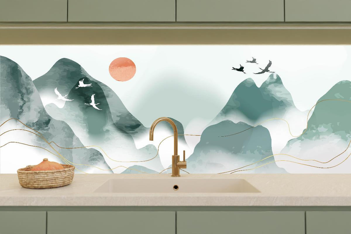 Küchenrückwand - Abstrakte Pastell Berglandschaft mit Sonne