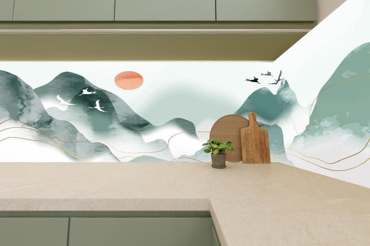 Küchenrückwand - Abstrakte Pastell Berglandschaft mit Sonne