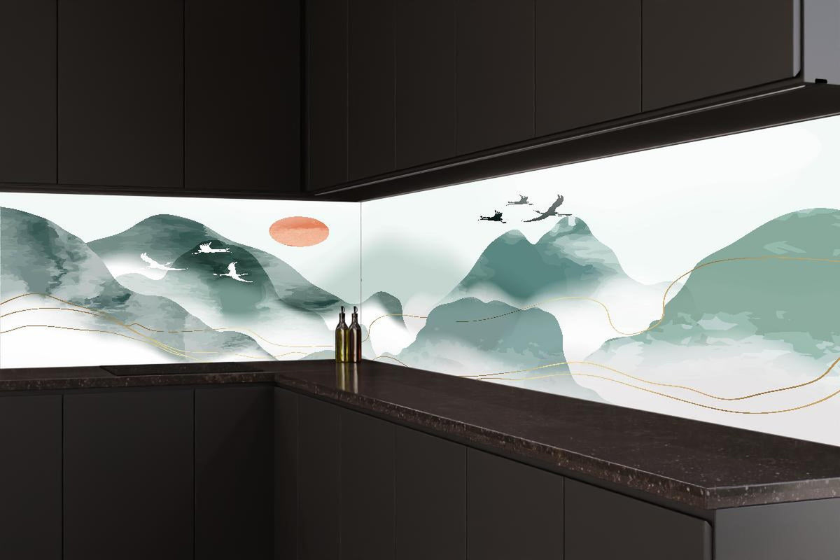 Küchenrückwand - Abstrakte Pastell Berglandschaft mit Sonne
