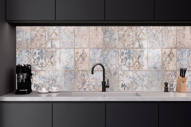 Küchenrückwand - Altes blau-braun Patchwork Motiv