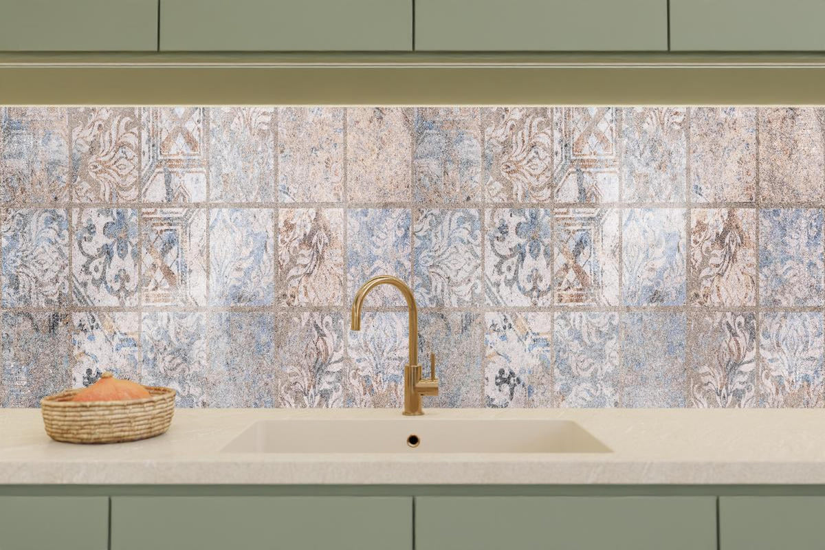Küchenrückwand - Altes blau-braun Patchwork Motiv