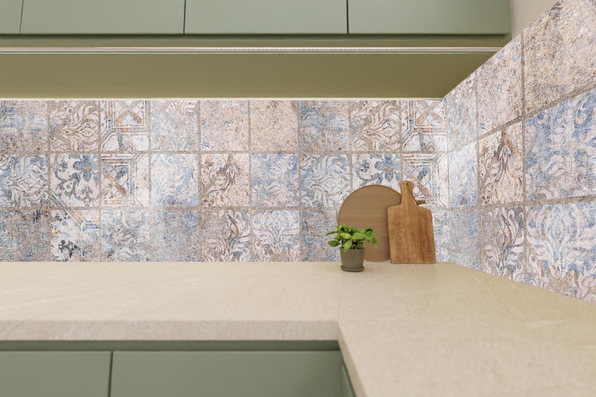 Küchenrückwand - Altes blau-braun Patchwork Motiv