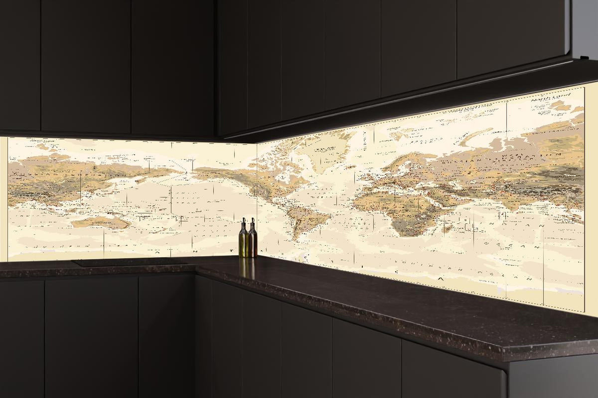 Küchenrückwand - Antike Weltkarte Amerika-zentriert Braun