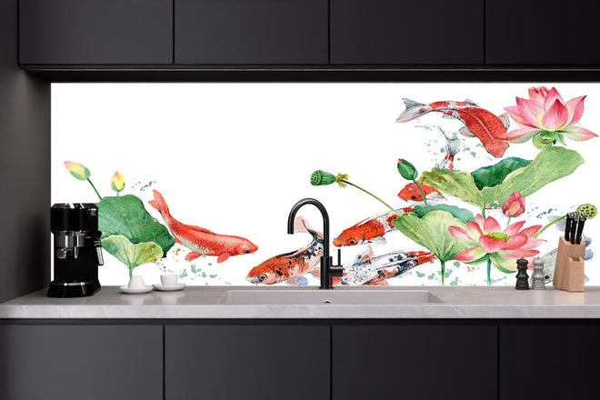 Küchenrückwand - Aquarell Koi Karpfen und Lotusblume
