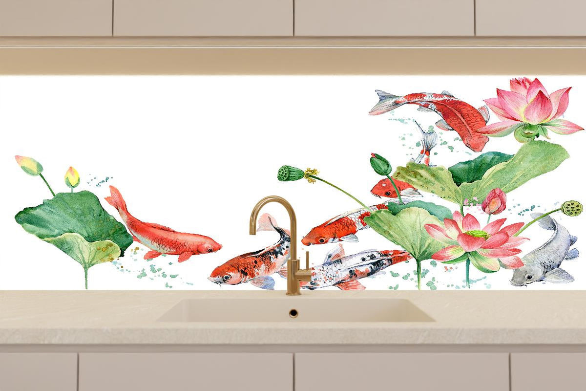 Küchenrückwand - Aquarell Koi Karpfen und Lotusblume