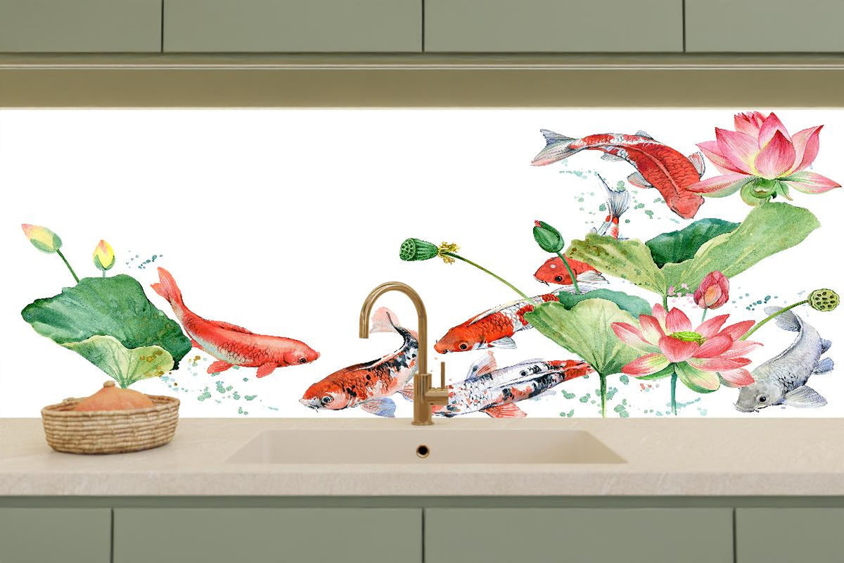 Küchenrückwand - Aquarell Koi Karpfen und Lotusblume