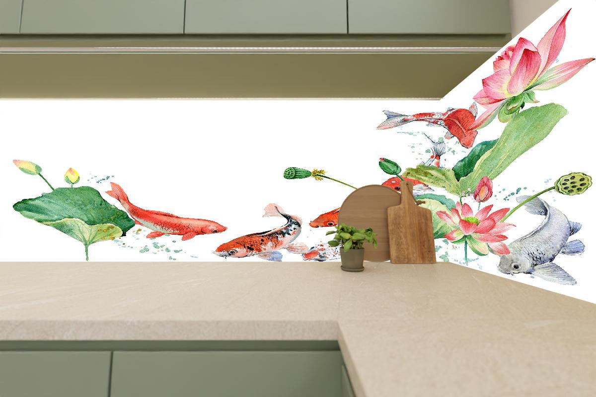 Küchenrückwand - Aquarell Koi Karpfen und Lotusblume
