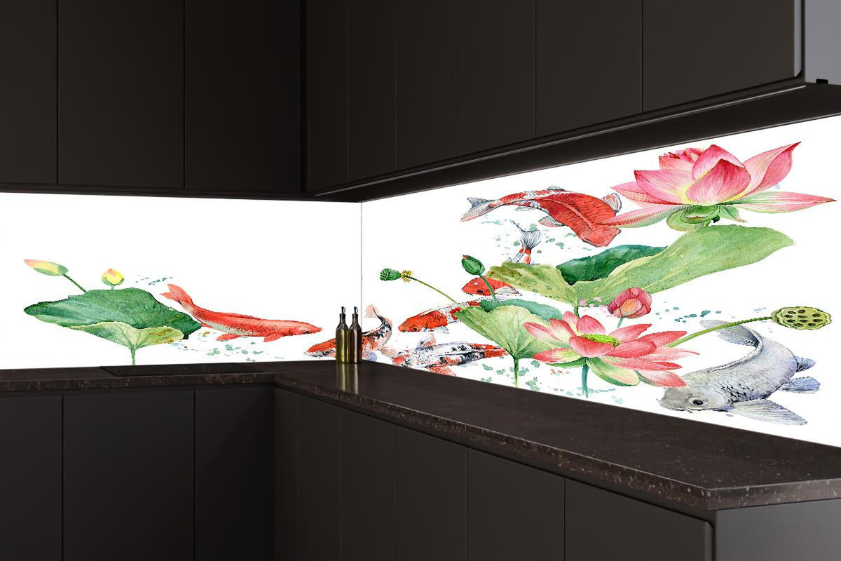 Küchenrückwand - Aquarell Koi Karpfen und Lotusblume