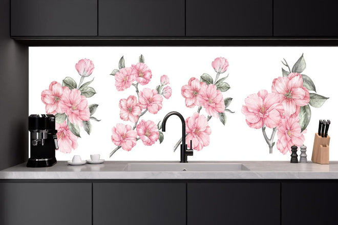 Küchenrückwand - Aquarellelemente von blühenden Sakura
