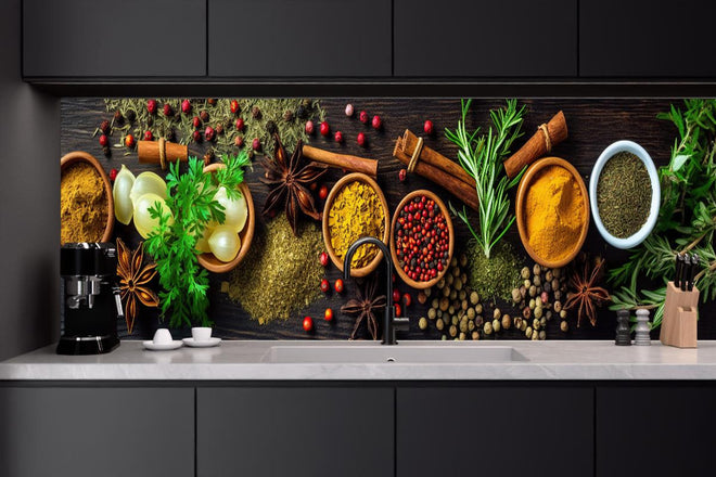 Küchenrückwand - Aromatische Kräuter und Gewürze Panoramabild