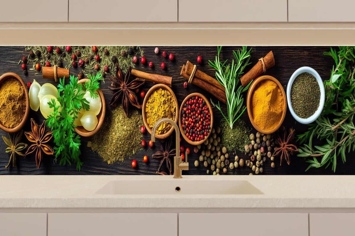 Küchenrückwand - Aromatische Kräuter und Gewürze Panoramabild