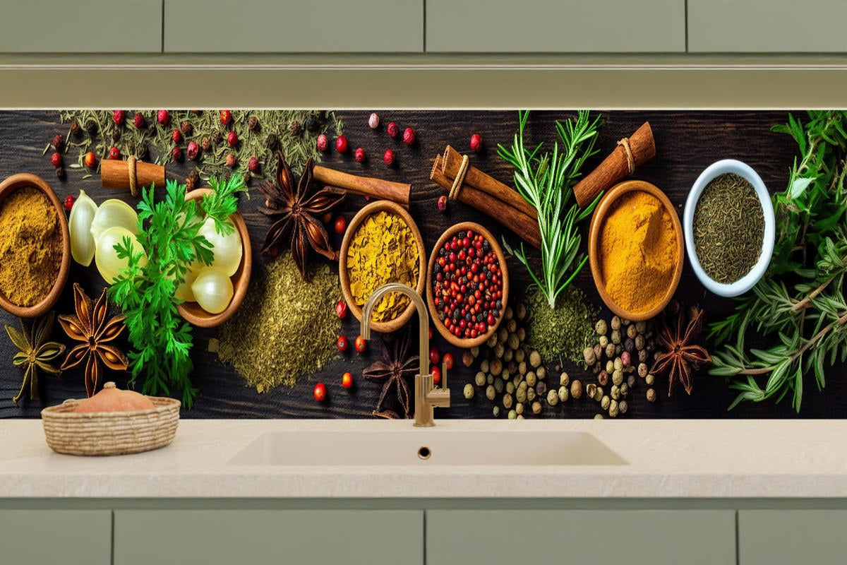 Küchenrückwand - Aromatische Kräuter und Gewürze Panoramabild