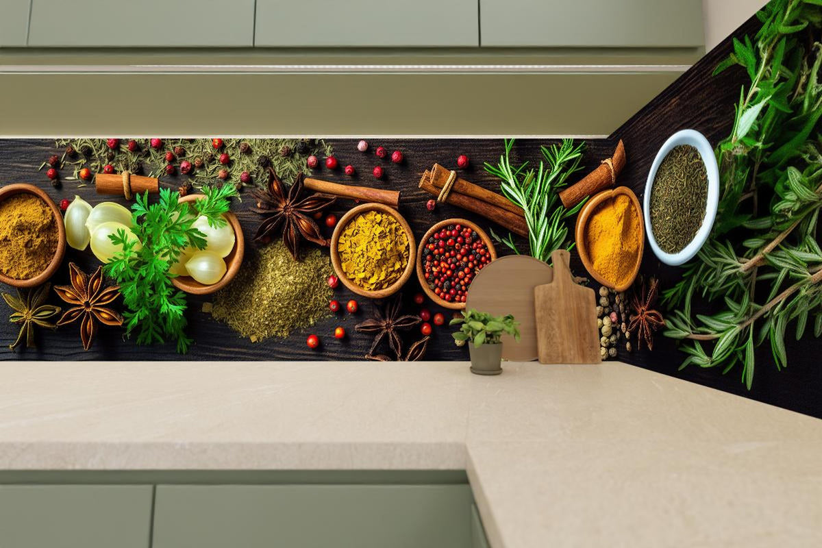 Küchenrückwand - Aromatische Kräuter und Gewürze Panoramabild