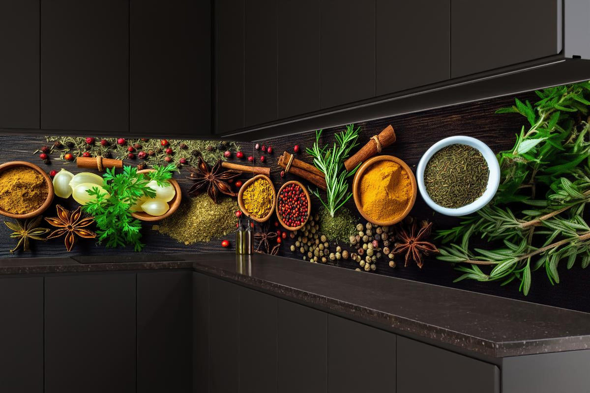 Küchenrückwand - Aromatische Kräuter und Gewürze Panoramabild