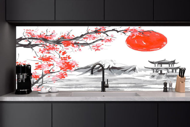 Küchenrückwand - Asiatisches Aquarell Berge Sonne