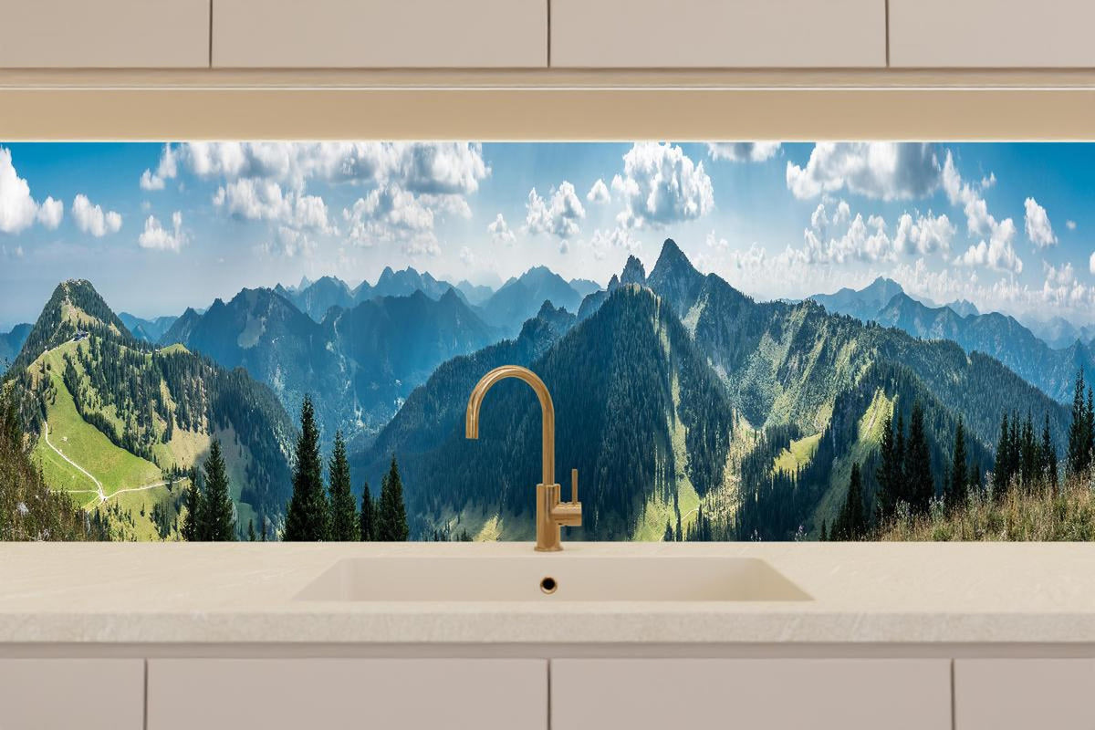Küchenrückwand - Beeindruckendes Alpenpanorama in Grün-Blau