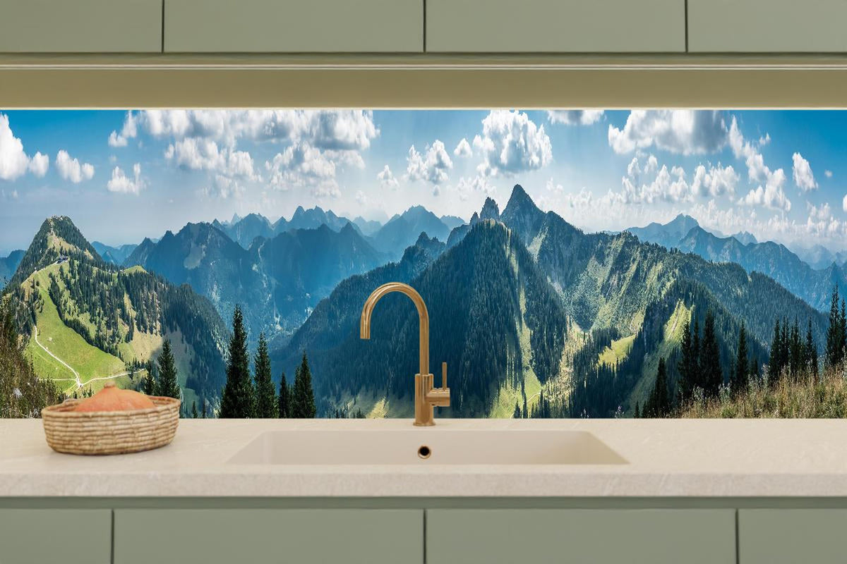 Küchenrückwand - Beeindruckendes Alpenpanorama in Grün-Blau