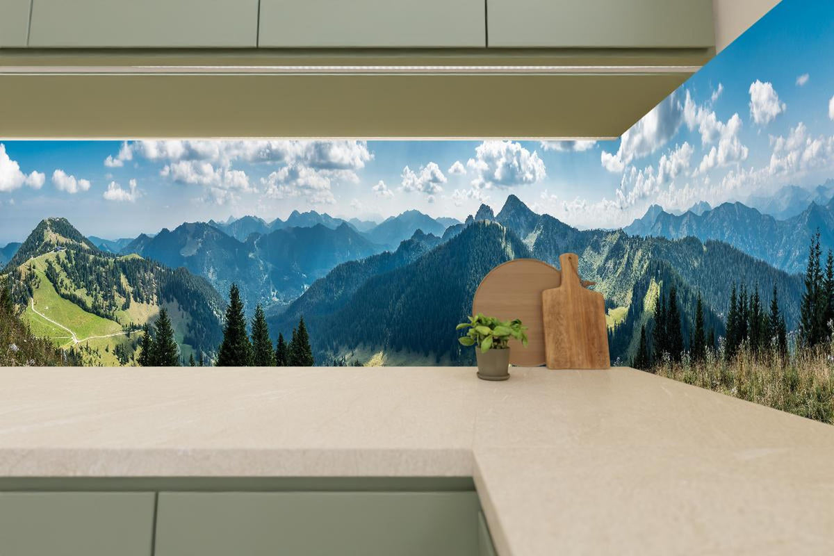 Küchenrückwand - Beeindruckendes Alpenpanorama in Grün-Blau