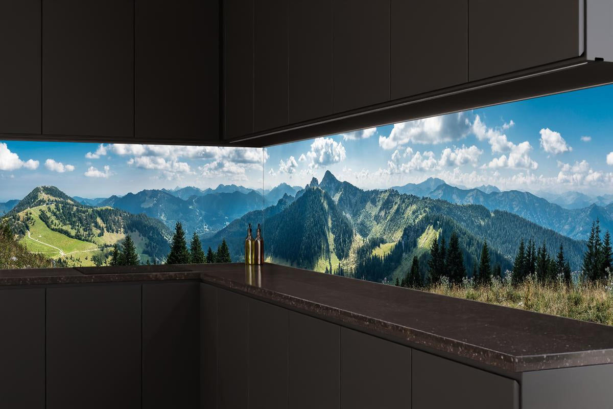 Küchenrückwand - Beeindruckendes Alpenpanorama in Grün-Blau