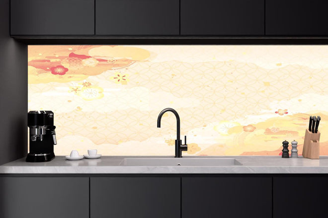 Küchenrückwand - Beige-Goldene Kirschblüten Illustration