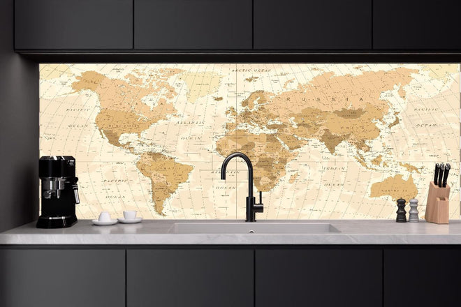Küchenrückwand - Beige Vintage Weltkarte Wanddekor