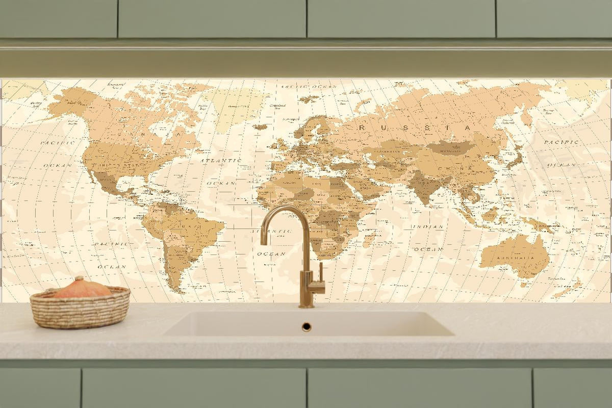 Küchenrückwand - Beige Vintage Weltkarte Wanddekor