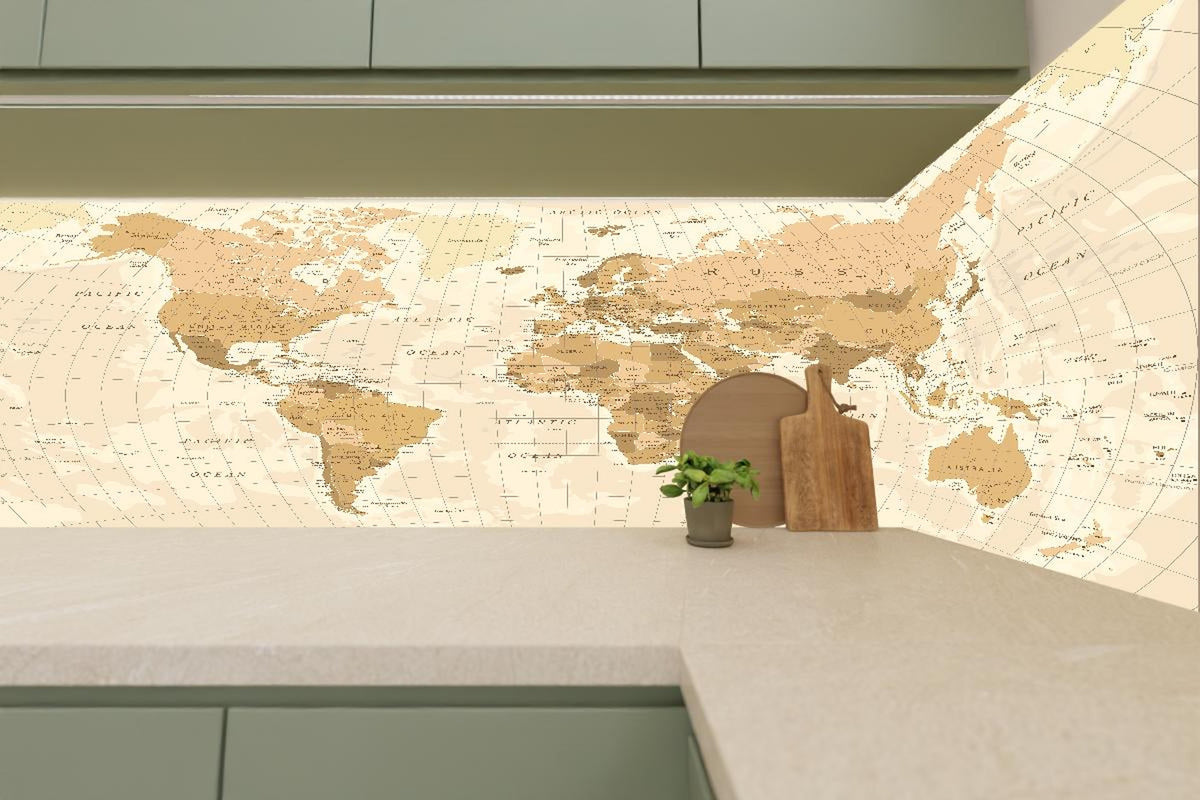 Küchenrückwand - Beige Vintage Weltkarte Wanddekor