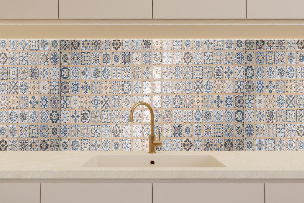 Küchenrückwand - Beige-blau Vintage Mosaik