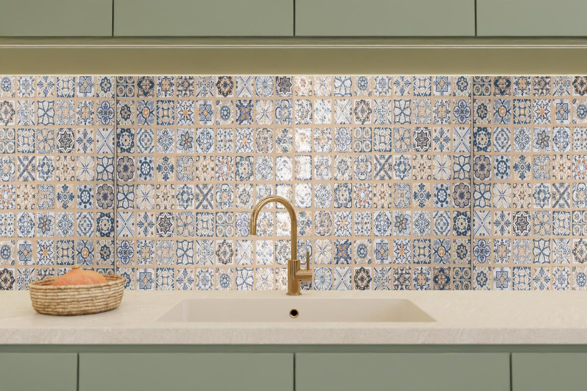 Küchenrückwand - Beige-blau Vintage Mosaik