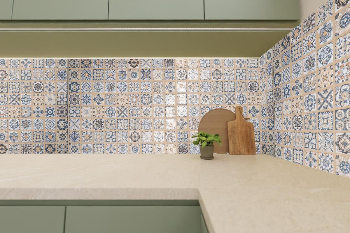 Küchenrückwand - Beige-blau Vintage Mosaik