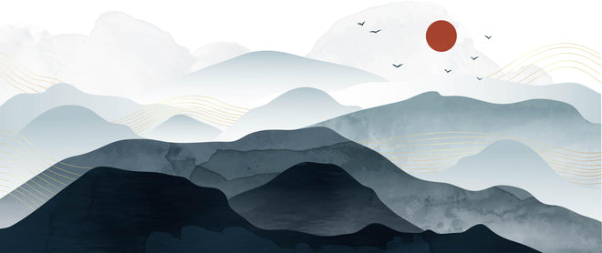 Küchenrückwand - Bergpanorama mit rotem Sonnenkreis Kunst