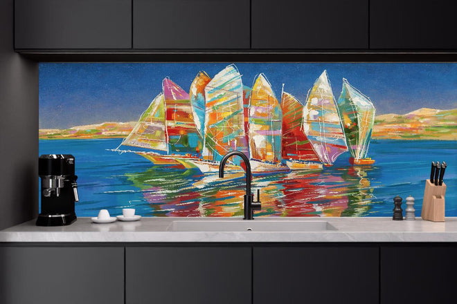 Küchenrückwand - Bunte Boote auf dem Meer - Ölgemälde