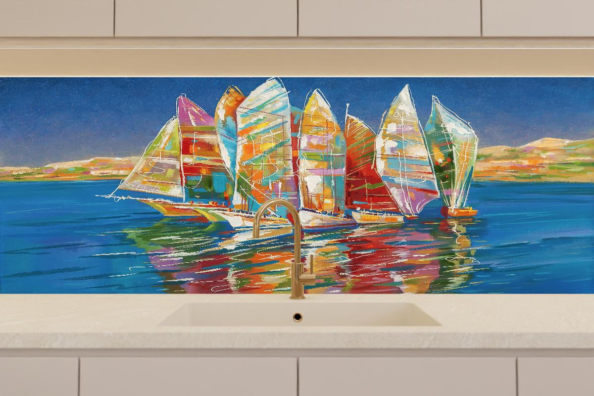 Küchenrückwand - Bunte Boote auf dem Meer - Ölgemälde