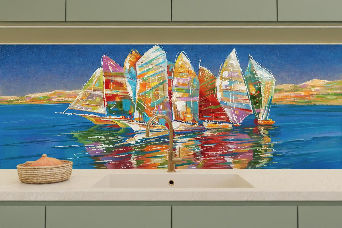 Küchenrückwand - Bunte Boote auf dem Meer - Ölgemälde