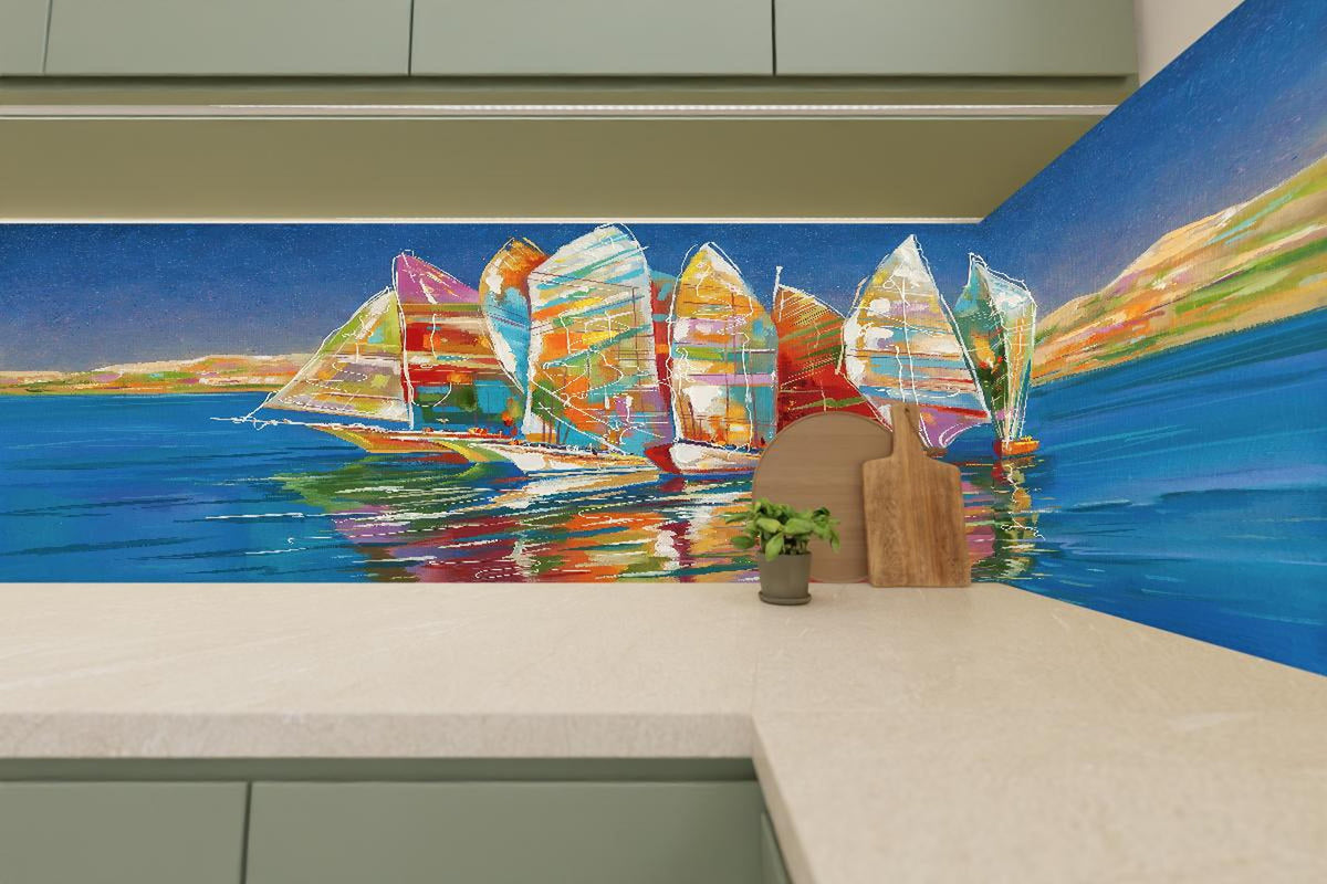 Küchenrückwand - Bunte Boote auf dem Meer - Ölgemälde