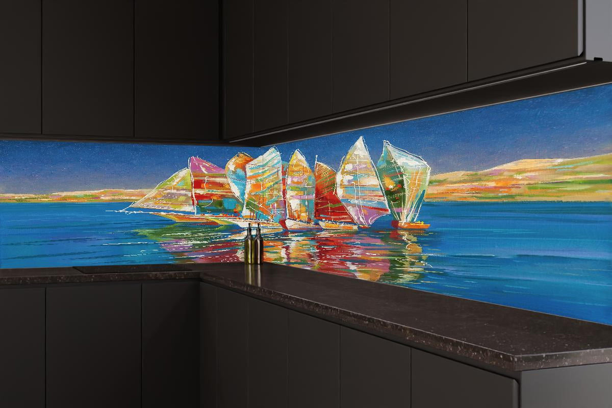 Küchenrückwand - Bunte Boote auf dem Meer - Ölgemälde
