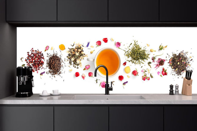 Küchenrückwand - Bunte Teevielfalt & Blütenpracht