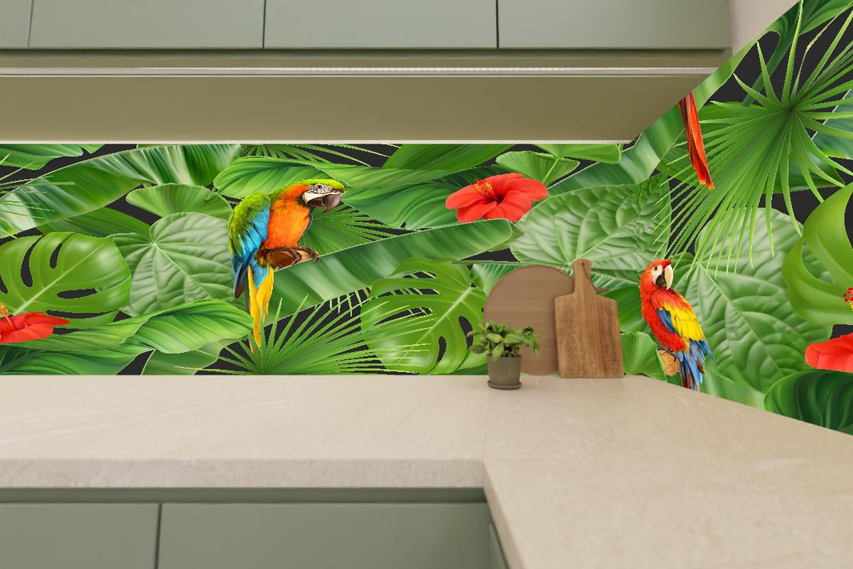 Küchenrückwand - Bunter Papagei Dschungel Design