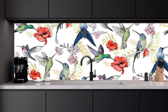 Küchenrückwand - Buntes Kolibri-Blüten Muster Design