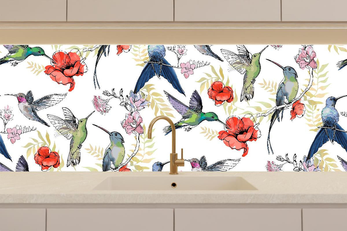 Küchenrückwand - Buntes Kolibri-Blüten Muster Design