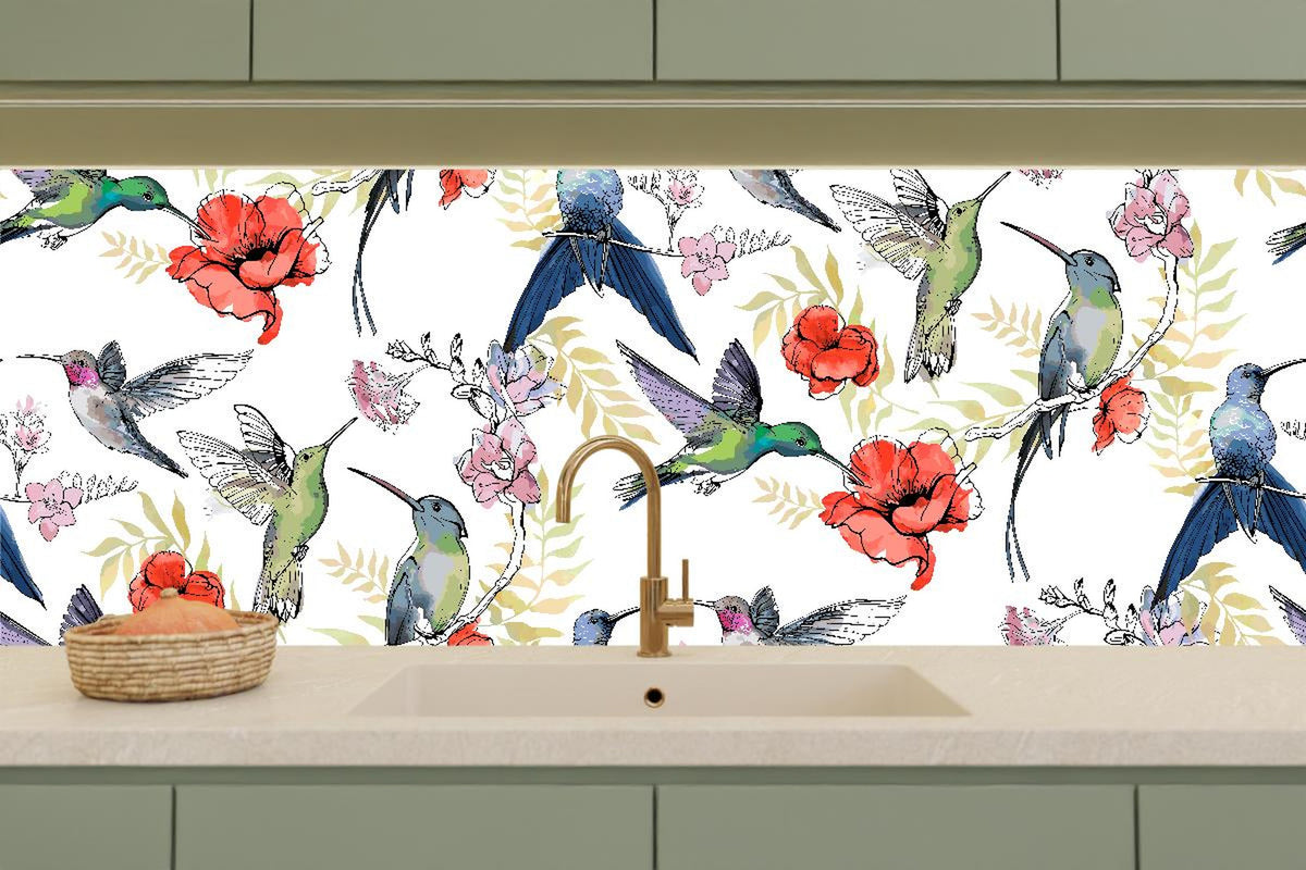 Küchenrückwand - Buntes Kolibri-Blüten Muster Design
